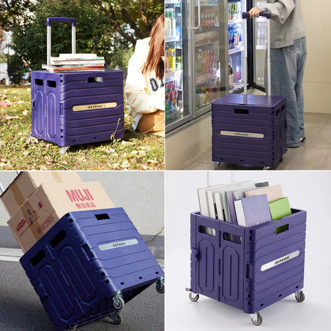 Grab And Go Foldable Utility Cart With Lid On Wheels Portable Rolling Handcart Collapsible Shopping Trolley in purple, various uses.