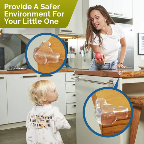 Super Soft Transparent Baby Corner Protectors For Kiddos And Toddlers With Crystal Clear Baby Proof Furniture Edges Smooth As Butter No Sweat Install 12 Pack on kitchen table corner.