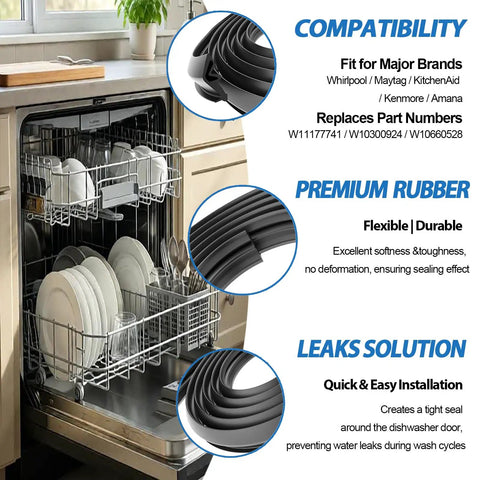Open dishwasher with installed Dishwasher Door Gasket Seal Replacement For Whirlpool Maytag KitchenAid Kenmore Amana, showing tight seal.