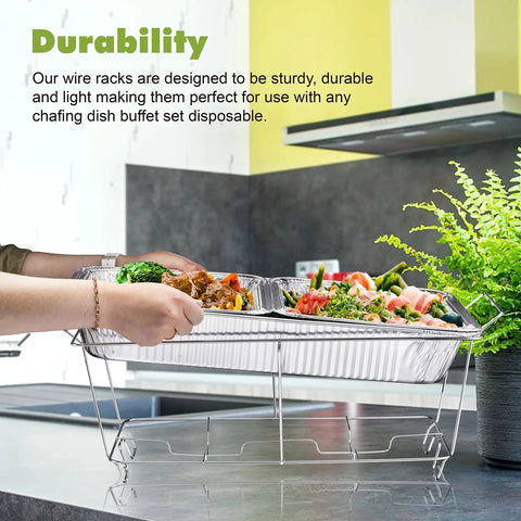 Hands placing food trays on Chafing Wire Rack Buffet Stand 12 Pack Full Size Racks For Dish Serving Trays And Food Warmers