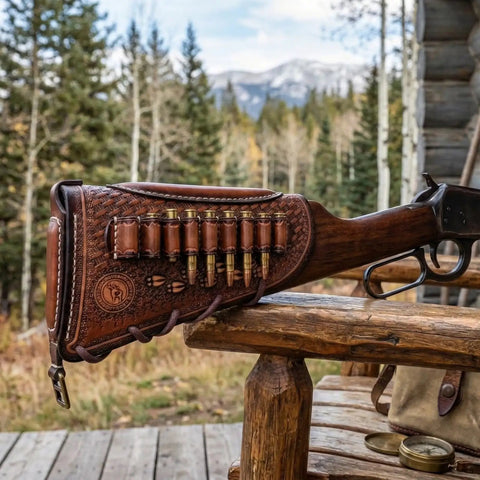 Vintage Leather No Drill Cheek Rest For Rifles And Shotguns With Buttstock Protective Pouch in outdoor setting