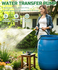 1/10HP Electric Water Transfer Pump With Two 6Ft Garden Hoses for hassle free rain barrel draining demonstrated in garden.