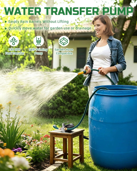 1/10HP Electric Water Transfer Pump With Two 6Ft Garden Hoses for hassle free rain barrel draining demonstrated in garden.