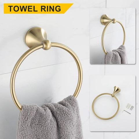 Brushed Gold 4 Piece Bathroom Hardware Set with towel ring holding gray towel, stainless steel anti rust wall-mounted