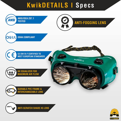 Flip Up Welding Goggles Pro Grade Anti Fog Shade 5 IR Safety Glasses with ANSI Ventilated Design Green Frame