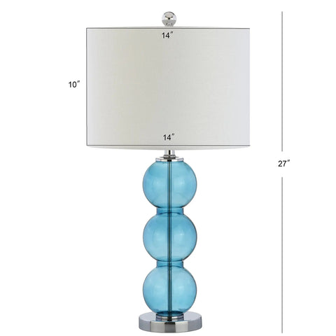 Sky Blue And Chrome Triple Sphere Glass Table Lamps Set Of 2 With White Linen Shades, Modern Bedside And Living Room Lighting, 27-Inch Tall