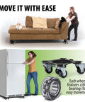 Heavy Duty Furniture Movers With Wheels Set Of 4 Easy Sliders Dollies Lifter Tool shown moving sofa and refrigerator