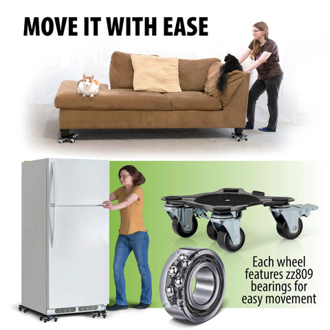 Heavy Duty Furniture Movers With Wheels Set Of 4 Easy Sliders Dollies Lifter Tool shown moving sofa and refrigerator