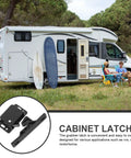 RV parked in a forest with close-up of Rv Side Mount Push To Open Latch Set For Camper Cabinets And Drawer Doors Easy Install Durable ABS RV Hardware