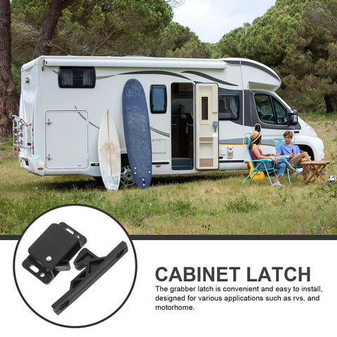RV parked in a forest with close-up of Rv Side Mount Push To Open Latch Set For Camper Cabinets And Drawer Doors Easy Install Durable ABS RV Hardware