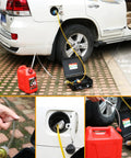 Quick Draw 12V Fuel Transfer Pump 85 GPH Electric Gasoline Diesel Siphon Kit in use transferring fuel from a can to a vehicle.