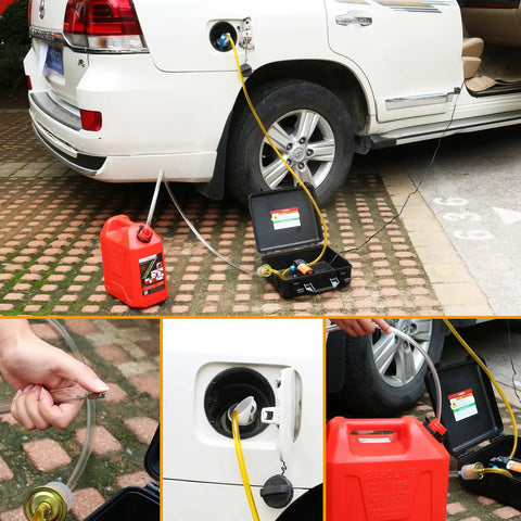 Quick Draw 12V Fuel Transfer Pump 85 GPH Electric Gasoline Diesel Siphon Kit in use transferring fuel from a can to a vehicle.