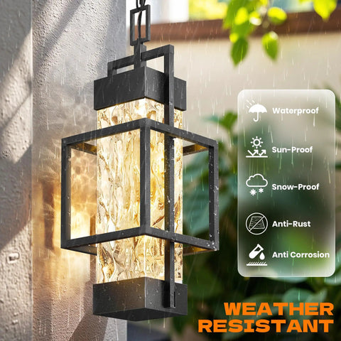 Built Like A Tank Modern Pendant Ceiling Light For Indoors Or Outdoors, Totally Waterproof Black Aluminum Porch Lantern Featuring Textured Water Ripple Glass, Includes Matching Bulb under rainfall showing rippled glass.