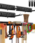 Heavy Duty Wall Mounted Tool Organizer Rack With 3 Rails And 6 Removable Hooks For Garage Shed Or Workshop displayed with tools