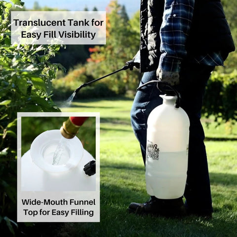 Person using Two Gallon Lawn And Garden Sprayer With 34 Inch Anti Kink Hose, Thumb Operated Control Valve With Lock in garden