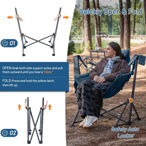 Heavy Duty Folding Hammock Chair With Adjustable Backrest And Padded Seat For Cozy Outdoor Comfort Supports Up To 300 Lbs Portable Folding Camping Chair For Travel Patio Or Beach Blue, shown in use with folding mechanism instructions.