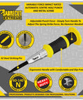 Smooth Operator Automatic Variable Force Center Punch Precision Scribe Tool For Job Site Metal Wood Marking Anti Wander Drill Starter, ergonomic handle and S2 steel tip.
