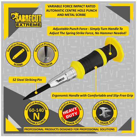 Smooth Operator Automatic Variable Force Center Punch Precision Scribe Tool For Job Site Metal Wood Marking Anti Wander Drill Starter, ergonomic handle and S2 steel tip.