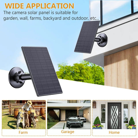 2W Solar Panel For Rechargeable Battery Security Cameras With Micro USB And USB C Ports 360 Degree Adjustable Mount Black