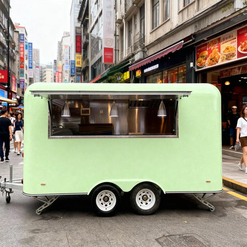 Kickstart Your Food Truck Hustle With This Turnkey Mobile Kitchen Trailer Featuring Plug And Play Electrical And Nsf Stainless Steel Counters Perfect For Sliders Coffee And Quick Cash Flow, shown from the rear with green exterior.