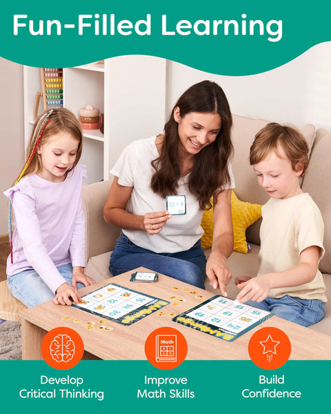Adults and kids playing Addition And Subtraction Math Bingo Game For 1st Through 3rd Grade Kids Classroom Or Homeschool Learning 2 In 1
