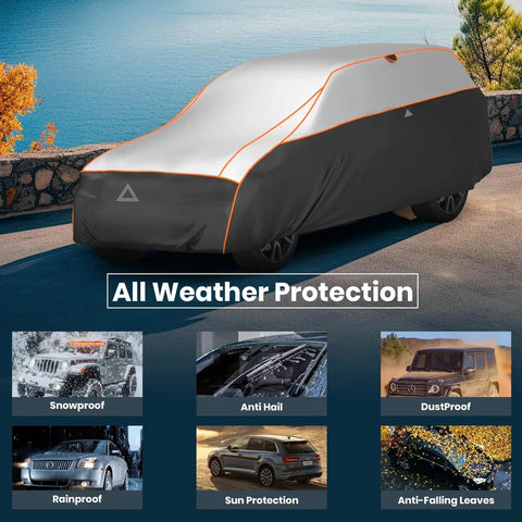 Beefed Up Heavy Duty Hail Protection Car Cover For SUV Waterproof Padded Outdoor Shield with reflective stripes on parked SUV