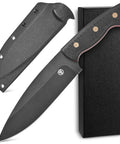 Fixed Blade Knife With AUS-10 Steel, Black Carbon Fiber Handle, full tang, and sheath shown on a black box, 11.81 inch overall.