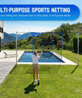 10 By 10 Ft Golf Net With Target Pocket For Home Practice in backyard setup, showing blue netting and hitting area.