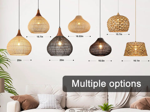 Rattan Pendant Light With Handwoven Wicker Raindrop Design for Dining Room Kitchen Island Bedroom, multiple size options shown