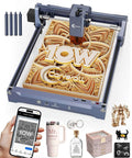 CarverAll 10W laser engraver on blue frame engraving a wood panel; smartphone app interface visible