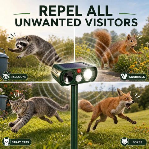 4 Pack Solar Powered Ultrasonic Animal Deterrents For Outdoor Gardens With Motion Sensor And Flash Light IP65 Waterproof, solar yard stake