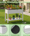 Raised Garden Bed On Wheels With Storage Shelf And Water Level Monitor, elevated planter in yard, grayish white with plants