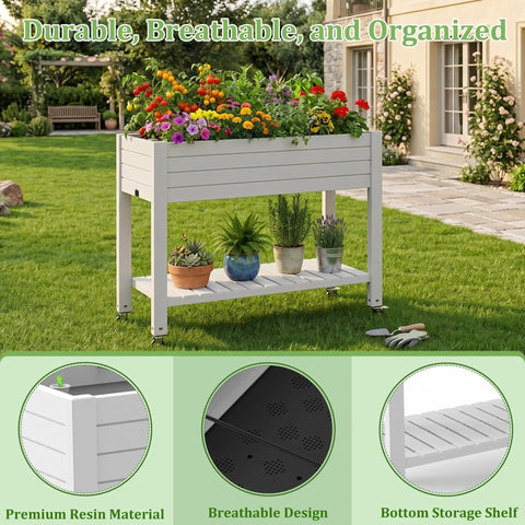 Raised Garden Bed On Wheels With Storage Shelf And Water Level Monitor, elevated planter in yard, grayish white with plants