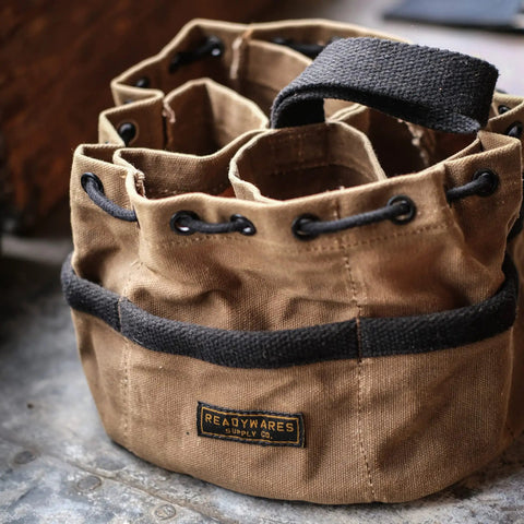 Parachute Nail Pouch And Hardware Organizer Bag For Nails, Screws, And Supplies, Heavy Duty Waxed Canvas, Cinch Closure in tan
