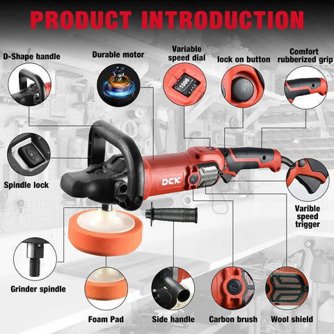 Diagram of 7-Inch Buffer Polisher With 8 Speed Settings 600-3500 RPM 1250W motor showing detachable handle, sponge pad, and wool pad.