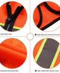 Hella Visible Construction Safety Vest With Reflective Tape Pack Of Ten Bright Orange Heavy Duty Work Gear Easy Zip Closure Breathable Polyester XL Crew Go To Piece close-up showing high-quality zipper and breathable fabric.
