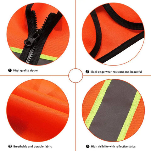 Hella Visible Construction Safety Vest With Reflective Tape Pack Of Ten Bright Orange Heavy Duty Work Gear Easy Zip Closure Breathable Polyester XL Crew Go To Piece close-up showing high-quality zipper and breathable fabric.