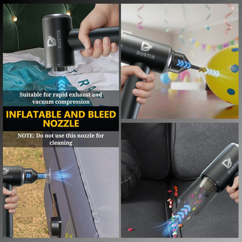 Cordless Mini Car Vacuum Handheld Cleaning Kit with brushless motor inflating and deflating a balloon and air mattress