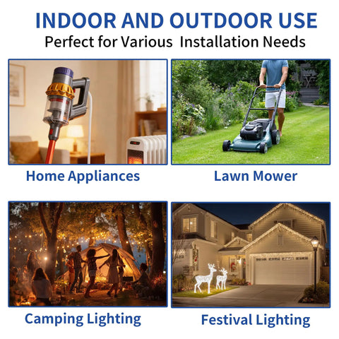 Collage of uses for 15 Ft Outdoor Extension Cord With 3 Outlets Waterproof Grounded Power Strip for home and garden applications.