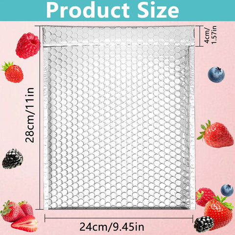 Silver metallic thermal bubble mailers size 8x11 inches with product dimensions and fruit decor for appealing presentation