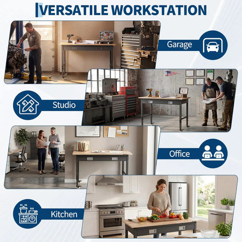Versatile 48 inch adjustable rubberwood workbench with built in power outlets in garage, studio, office, and kitchen settings