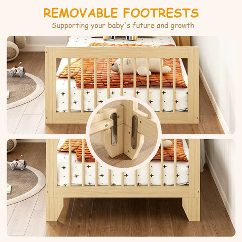 Low Profile Twin Floor Bed With Quick Release Guardrails And Sturdy Wood Frame showing removable footrests and timber construction.