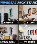 Heavy Duty Wall Mount Jack Stand Organizer Rack for hydraulic floor jacks and trailers in various garage setups