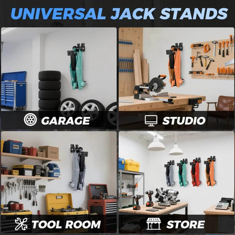 Heavy Duty Wall Mount Jack Stand Organizer Rack for hydraulic floor jacks and trailers in various garage setups