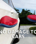 Red flying disc soft impact on car, showcasing Soft Catch Flying Disc Red For Indoor Outdoor Fun, Safe Frisbee For Kids And Adults.