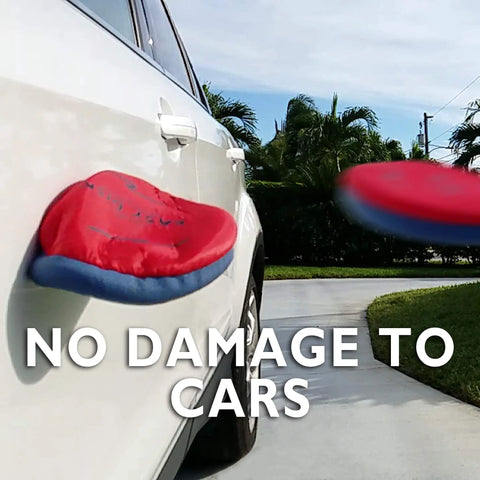 Red flying disc soft impact on car, showcasing Soft Catch Flying Disc Red For Indoor Outdoor Fun, Safe Frisbee For Kids And Adults.