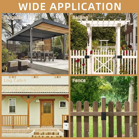 Wide application of Heavy Duty Pergola Brackets Kit For 4x4 Wood Posts, used in pergola, railing, log cabin, and fence projects.