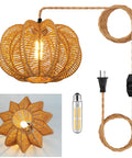 Plug In Pendant Light With Hand Woven Rattan Shade And Nifty Dimmer Switch Chill Boho Ceiling Lamp For Bedroom Or Living Room Includes Bulb Plus 15 Foot Hemp Rope Cord Vintage Paper Weave showing woven rattan shade and dimmer cord.