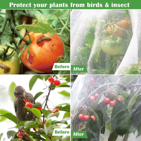 Before and after images showing a 67 Piece Garden Netting Kit 10x25 Ft Ultra Fine Pest Barrier Netting with 6 Hoops and 12 Clips.