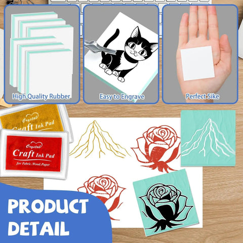 2x2 Inch Rubber Carving Blocks Stamp Making Kit For Beginners With Ink Pads Carving Knife And Wooden Roller DIY Linoleum Block Printmaking Set In White And Green, showing stamps and tools.